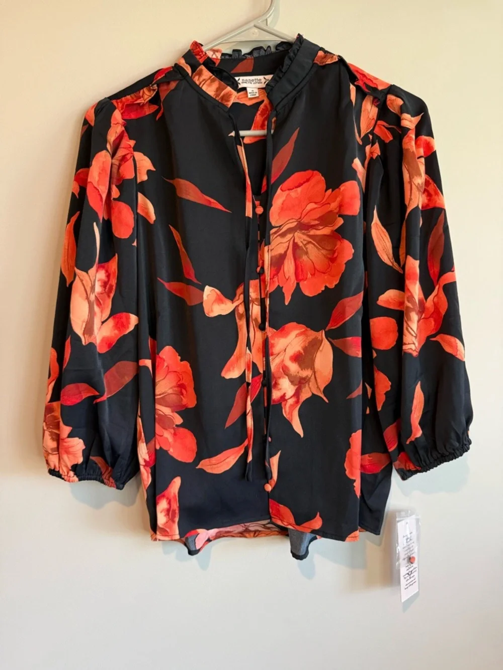 Nanette Lepore Black Blouse with Orange Floral Print NWT - Picture 2 of 9